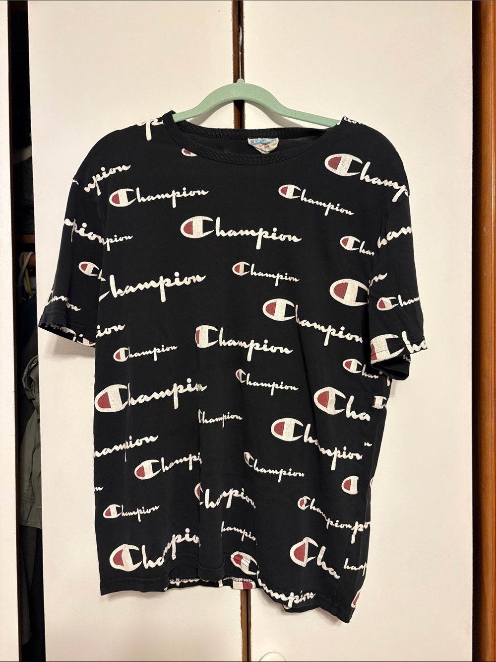 Vintage Champion Black Allover Logo Tee with White & Red Accents